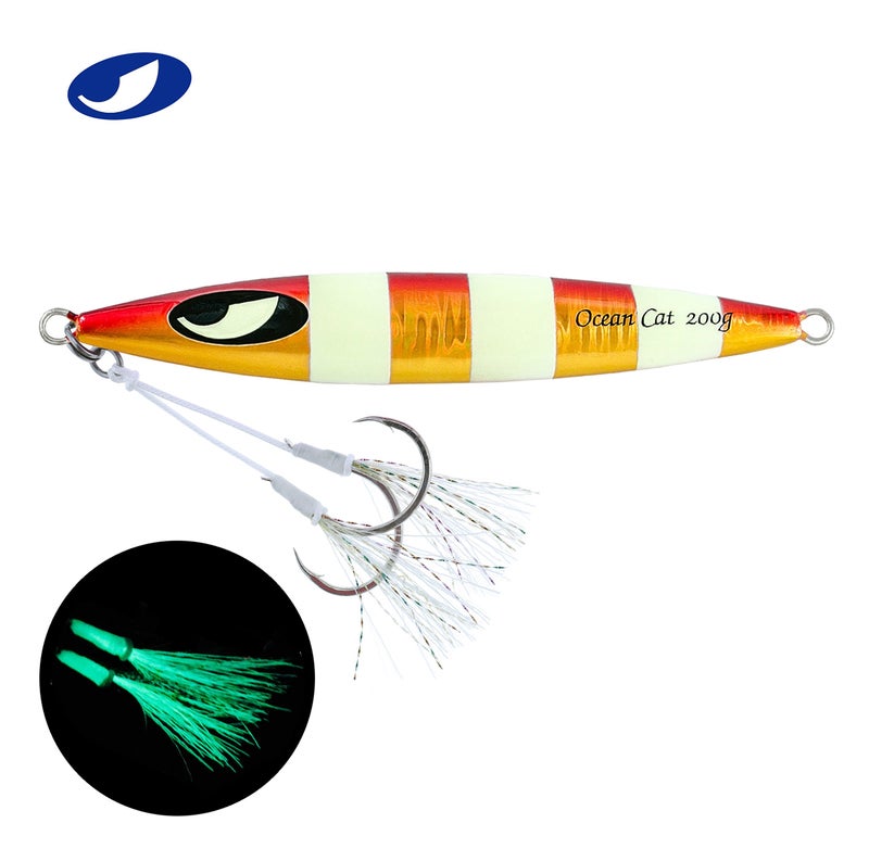 OCEAN CAT Slow Pitch Jig Flat Fall Jigs Saltwater Fishing Jig Vertical Baits with Glow Jig Hooks 60g/80g/150g/200g/250g 240lb (#006: Red&Gold, 150g) - Image 2